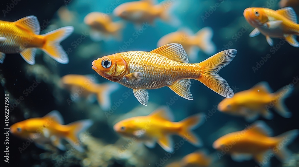 Vibrant goldfish swimming gracefully in clear aqua blue waters Vibrant goldfish swimming gracefully in clear aqua blue waters
