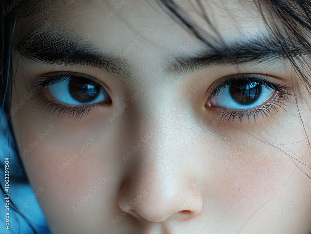 Close-up portrait of a woman with clear skin and expressive eyes, showcasing beauty and purity with a soft focus and natural lighting. Close-up portrait of a woman with clear skin and expressive eyes, showcasing beauty and purity with a soft focus and natural lighting.