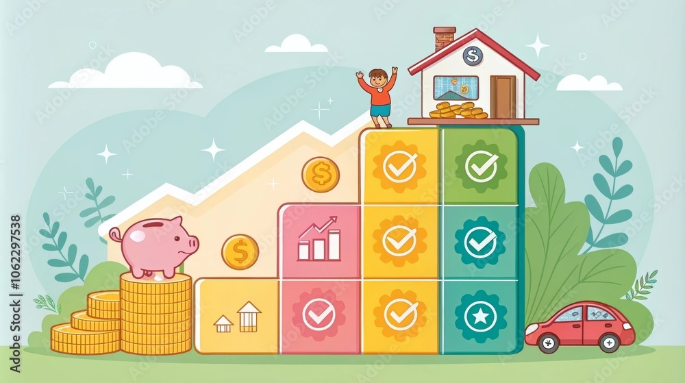 Naklejka premium a colorful and engaging savings chart with playful icons representing different savings goals, bright and cheerful design, conveying a sense of achievement and motivation in saving money