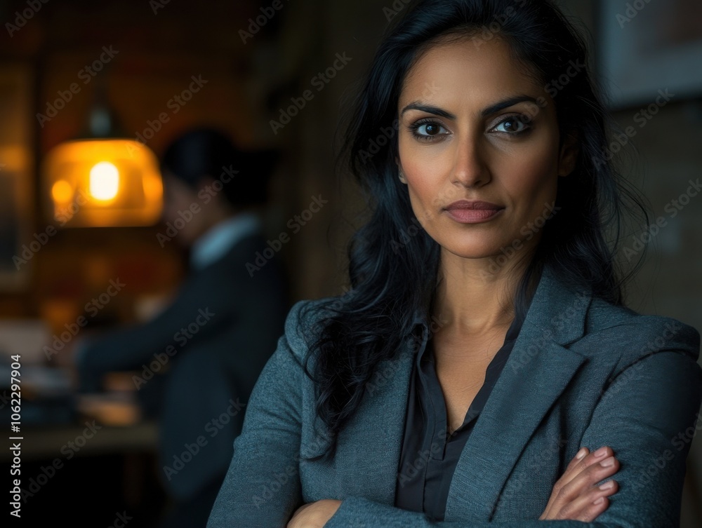 A confident executive woman in a gray suit poses with arms crossed, exuding professionalism and determination in a warmly lit office setting. A confident executive woman in a gray suit poses with arms crossed, exuding professionalism and determination in a warmly lit office setting.