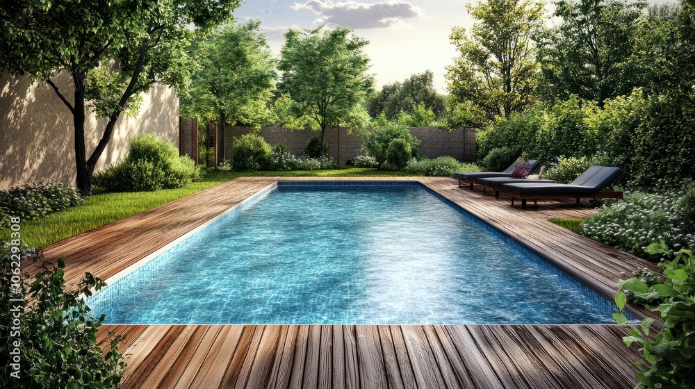 Modern house with garden swimming pool and wooden deck Modern house with garden swimming pool and wooden deck