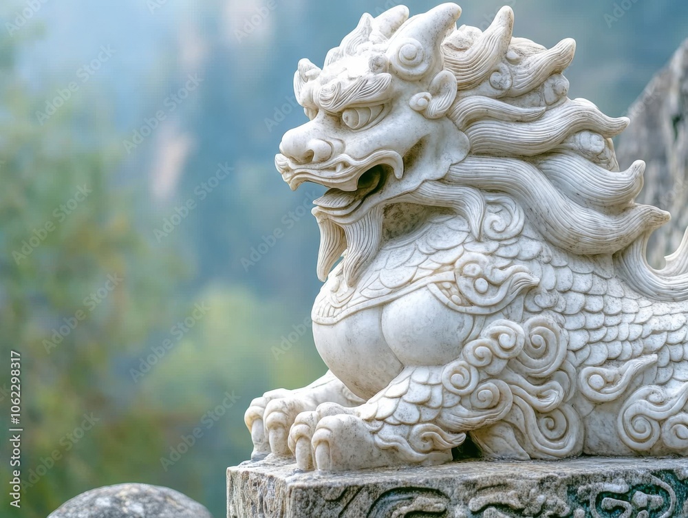 A majestic Chinese dragon statue is intricately carved from stone, set against a serene, misty landscape, capturing a sense of ancient elegance and mystery. A majestic Chinese dragon statue is intricately carved from stone, set against a serene, misty landscape, capturing a sense of ancient elegance and mystery.