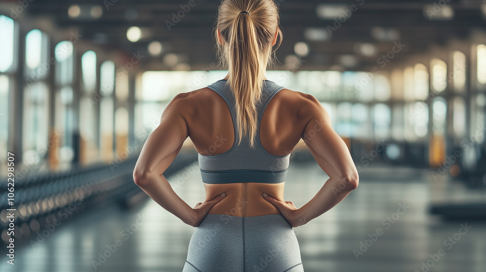 Naklejka premium Młoda kobieta w obcisłych szarych legginsach fitness, z widokiem od tyłu, emanuje pewnością siebie i energią. 