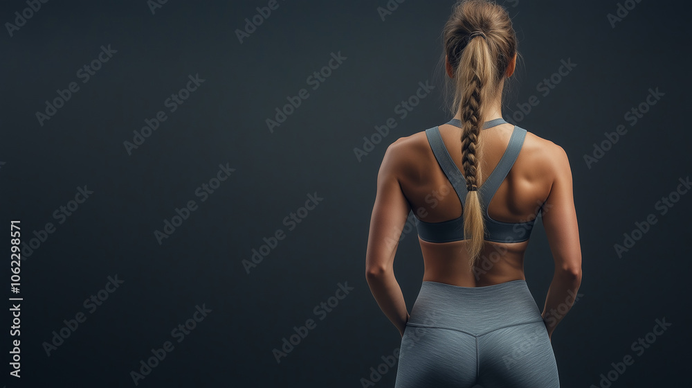 Naklejka premium Młoda kobieta w obcisłych szarych legginsach fitness, z widokiem od tyłu, emanuje pewnością siebie i energią. 
