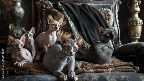 A group of sphynx cats lounging luxuriously on velvety, ornate furniture, giving a sense of elegance, uniqueness, and opulence in a traditional setting. photo