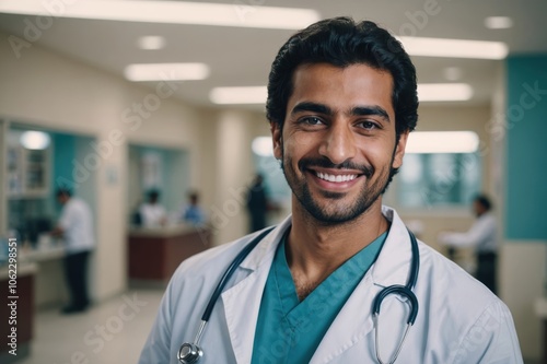 Close portrait of a smiling young Qatari man doctor looking at the camera, Qatari hospital blurred background