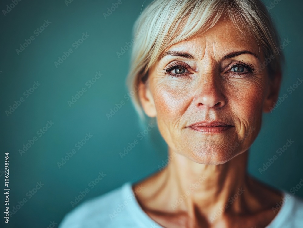 Close-up of a middle-aged woman with short gray hair, exuding confidence and warmth against a teal background.