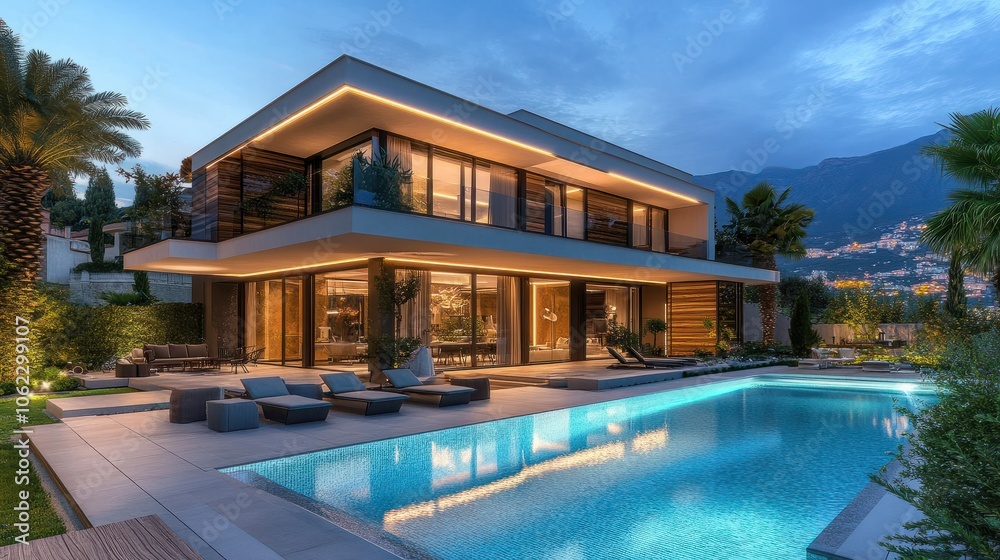 Modern villa with pool, view from the garden Modern villa with pool, view from the garden