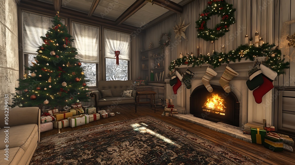 Cozy living room with a decorated Christmas tree and presents Cozy living room with a decorated Christmas tree and presents