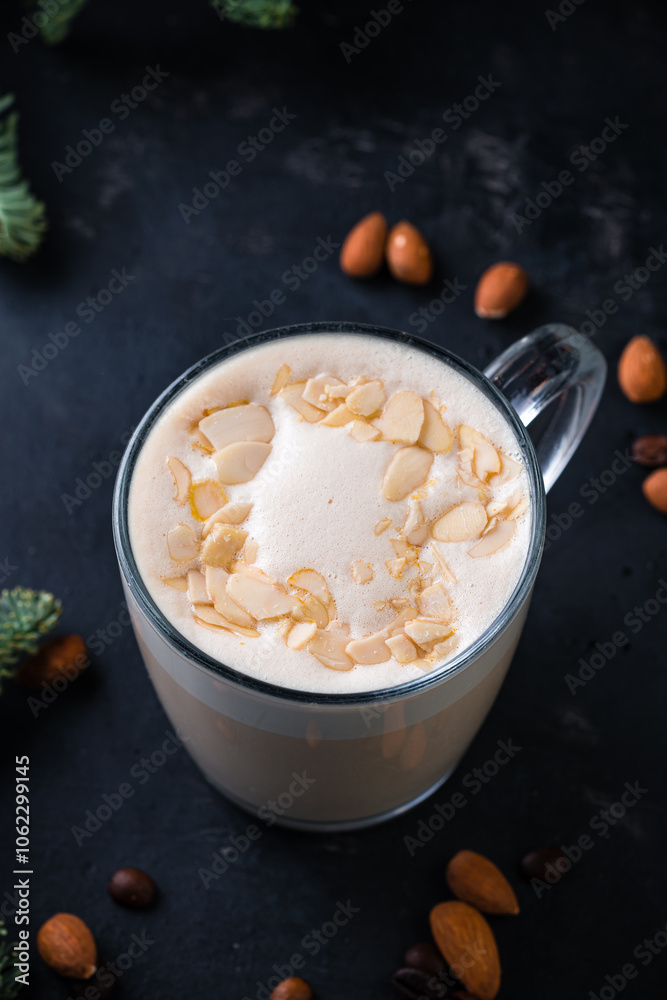 Christmas latte coffee with almonds
