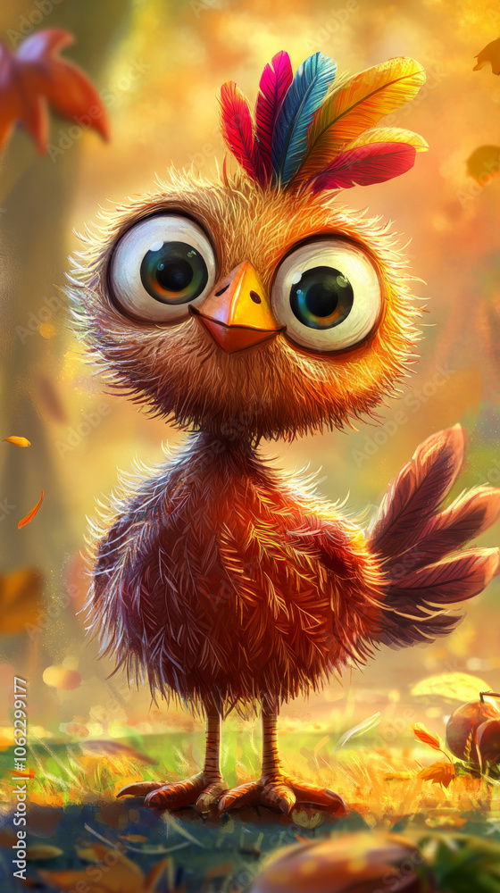Fototapeta premium Thanksgiving Illustration: Cute Turkey with Colorful Feathers on a Sunny Autumn Day 