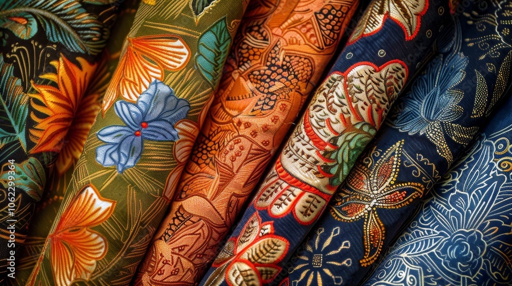 A vivid collection of fabric bolts adorned with intricate and colorful floral and abstract patterns, showcasing artistic diversity and creative craftsmanship. A vivid collection of fabric bolts adorned with intricate and colorful floral and abstract patterns, showcasing artistic diversity and creative craftsmanship.
