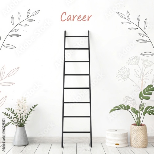 a ladder with clear rungs labeled with different career stages, set against a clean white background, soft monochromatic color scheme emphasizing clarity and focus on career progression photo