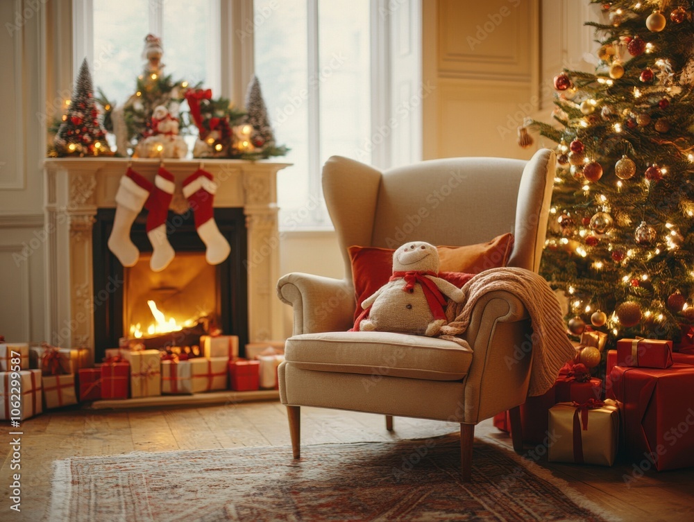 A cozy festive room featuring a lit fireplace, a plush armchair with a snowman pillow, and a beautifully decorated Christmas tree surrounded by gifts. A cozy festive room featuring a lit fireplace, a plush armchair with a snowman pillow, and a beautifully decorated Christmas tree surrounded by gifts.