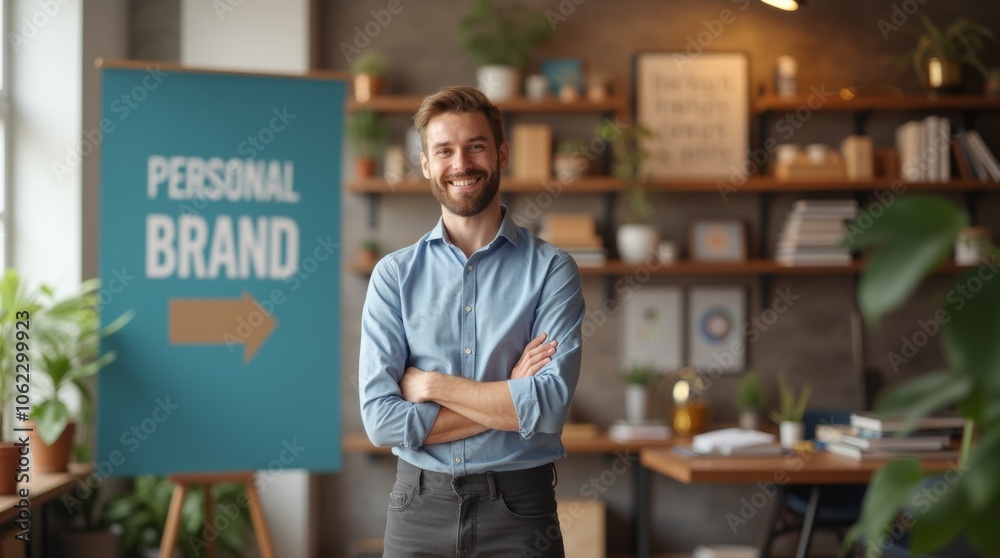 a confident individual standing in front of a large banner displaying their personal brand logo, in a modern workspace filled with creative elements a confident individual standing in front of a large banner displaying their personal brand logo, in a modern workspace filled with creative elements