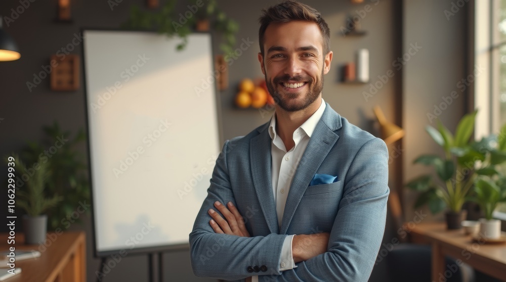 a confident individual standing in front of a large banner displaying their personal brand logo, in a modern workspace filled with creative elements a confident individual standing in front of a large banner displaying their personal brand logo, in a modern workspace filled with creative elements