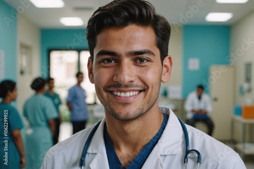 Close portrait of a smiling young Salvadoran man doctor looking at the camera, Salvadoran hospital blurred background