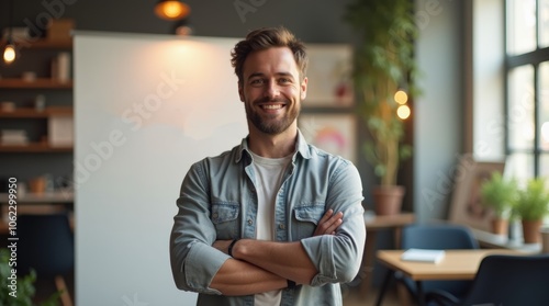 a confident individual standing in front of a large banner displaying their personal brand logo, in a modern workspace filled with creative elements