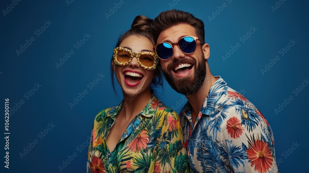 Photo of cheerful positive glad wife and husband wear stylish clothes yeah hooray sale isolated on dark blue color background Photo of cheerful positive glad wife and husband wear stylish clothes yeah hooray sale isolated on dark blue color background