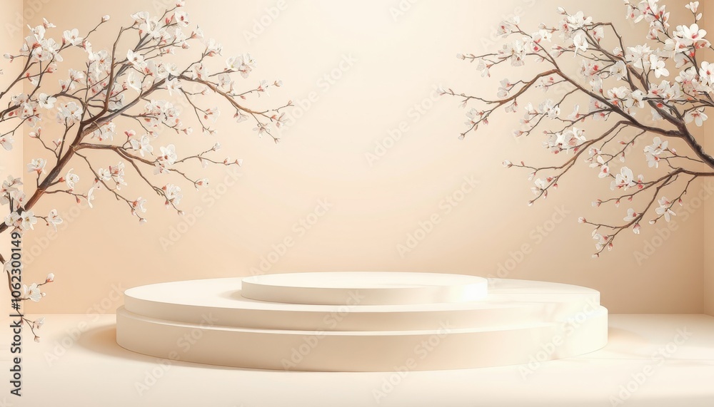 Product display podium with blossom flowers Product display podium with blossom flowers