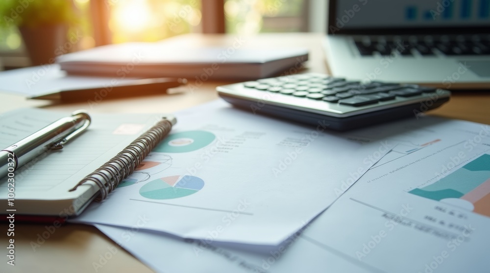 Close-up of a desk with financial documents, a calculator, and a laptop displaying a budget spreadsheet, a pen resting on a notepad with written financial goals, organized workspace for financial plan Close-up of a desk with financial documents, a calculator, and a laptop displaying a budget spreadsheet, a pen resting on a notepad with written financial goals, organized workspace for financial plan