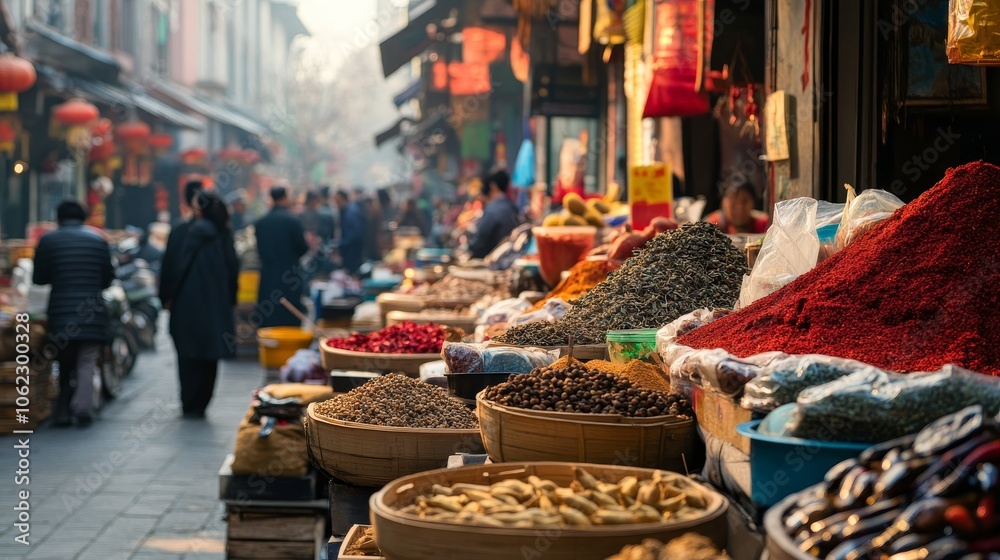 Obraz premium Scene of a bustling street market, filled with vibrant spices and a diverse crowd, reflecting the cultural richness and everyday life in a lively community.