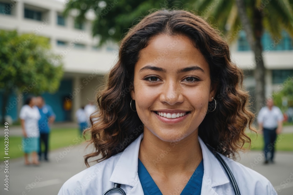 Close portrait of a smiling young Samoan woman doctor looking at the camera, Samoan hospital blurred background Close portrait of a smiling young Samoan woman doctor looking at the camera, Samoan hospital blurred background
