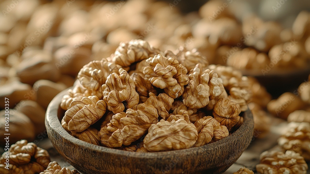 Rustic bowl of walnuts with natural texture and warm earth tones Rustic bowl of walnuts with natural texture and warm earth tones