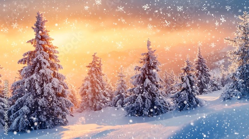 New Year cozy winter landscape with snowflakes and pine trees