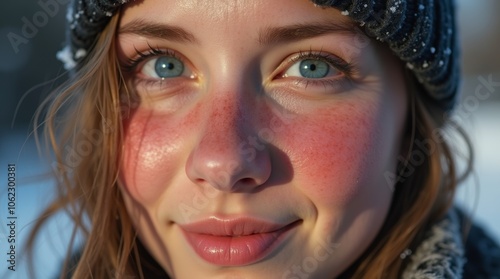 Close-up of a face with naturally flushed red cheeks from cold weather, soft skin texture, winter background with a hint of snow, natural lighting, warm and cold contrast, cozy winter vibe 