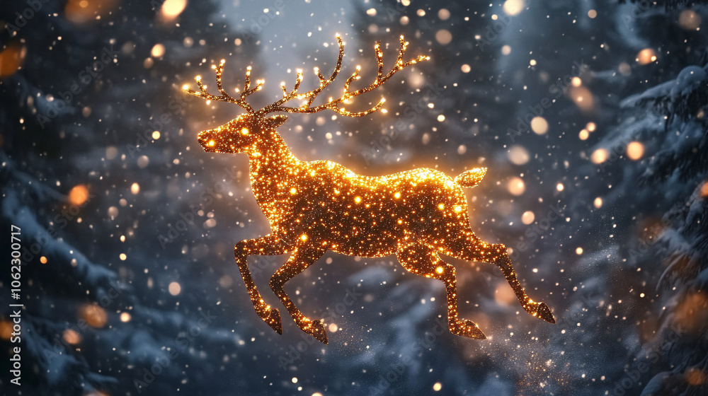 Floating Reindeer Covered in Christmas Lights, Galloping Through a Winter Storm Above the Trees Floating Reindeer Covered in Christmas Lights, Galloping Through a Winter Storm Above the Trees