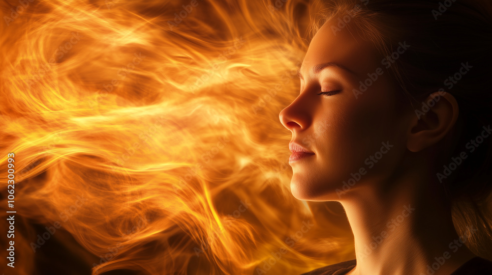 Obraz premium Kobieta w chwili skupienia, wykonująca terapię energetyczną, emanuje wewnętrzną siłą. Wokół jej ciała krąży jasna energia, z dynamicznymi kształtami i kolorami.