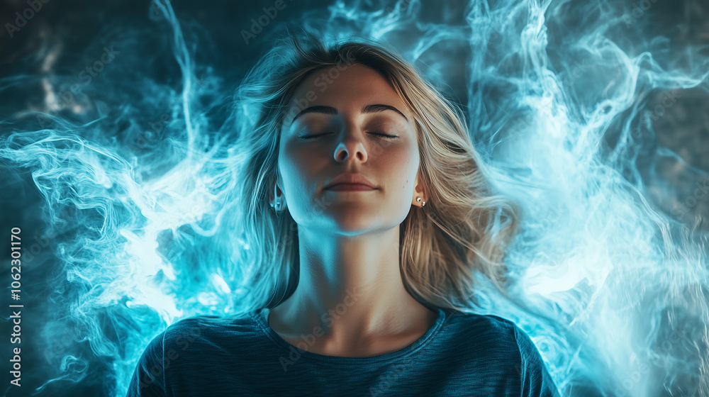 Obraz premium Kobieta w chwili skupienia, wykonująca terapię energetyczną, emanuje wewnętrzną siłą. Wokół jej ciała krąży jasna energia, z dynamicznymi kształtami i kolorami. 