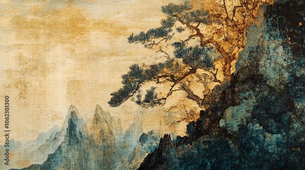 A tranquil scene featuring a solitary tree on a mountain slope surrounded by misty mountains, conveying serenity and natural beauty in an ethereal style. A tranquil scene featuring a solitary tree on a mountain slope surrounded by misty mountains, conveying serenity and natural beauty in an ethereal style.