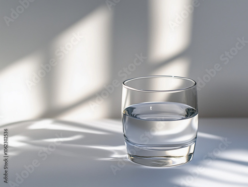 A clear glass of water casting soft shadows in bright, natural light