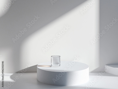 Minimalist composition with a glass and shadow on a cylindrical white pedestal