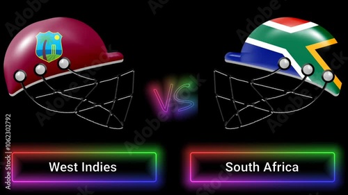 West Indies vs South Africa match animation with flags on helmets and colorful border over text all on black background