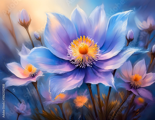 texture, perennial flowering pasque flower, oil painting, bokeh, in the colors blue and yellow, version 2