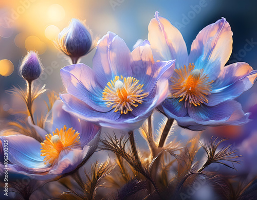 texture, perennial flowering pasque flower, oil painting, bokeh, in the colors blue and yellow, version 3