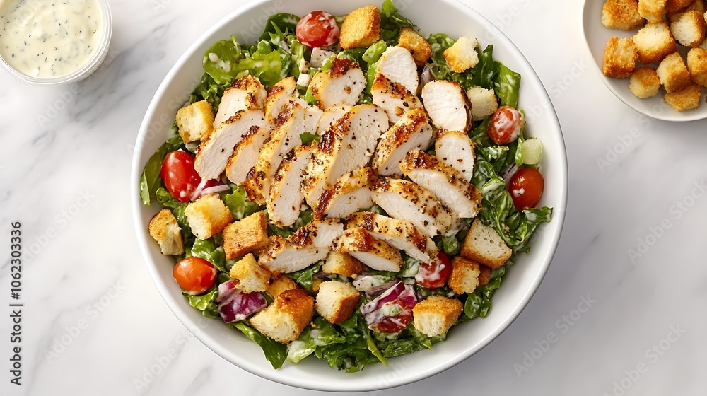 A fresh, crispy chicken salad with ranch dressing and croutons