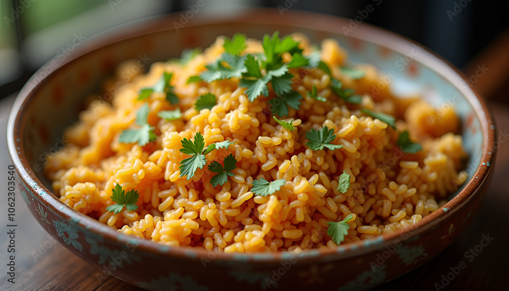 Rice with saffron and fresh cilantro in a decorative bowl Rice with saffron and fresh cilantro in a decorative bowl