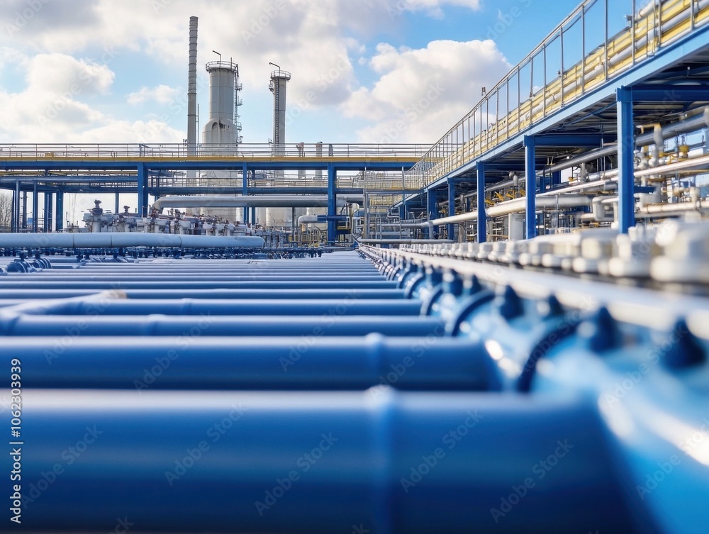 Close-up view of blue industrial pipes at an oil refinery. The scene showcases the engineering marvels and complexity of modern industrial infrastructure. Close-up view of blue industrial pipes at an oil refinery. The scene showcases the engineering marvels and complexity of modern industrial infrastructure.
