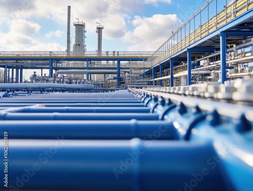 Close-up view of blue industrial pipes at an oil refinery. The scene showcases the engineering marvels and complexity of modern industrial infrastructure. photo