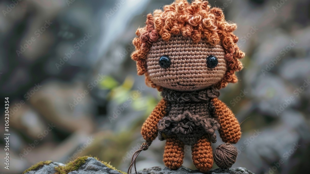 A charming crocheted doll with curly red hair stands in a natural setting, adorned with a knitted outfit, embodying the warmth and creativity of handmade art. A charming crocheted doll with curly red hair stands in a natural setting, adorned with a knitted outfit, embodying the warmth and creativity of handmade art.