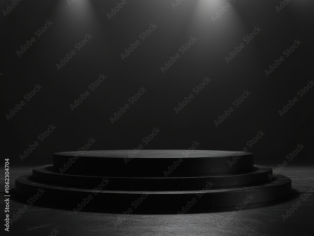 Obraz premium A minimalist black stage with a tiered podium design, illuminated by soft overhead lighting, set against a dark background.