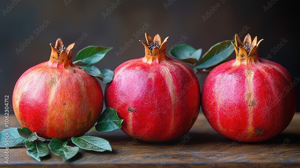 Fresh pomegranates on wooden table with green leaves: vibrant and natural composition Fresh pomegranates on wooden table with green leaves: vibrant and natural composition
