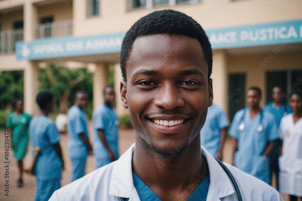 Close portrait of a smiling young Tanzanian man doctor looking at the camera, Tanzanian hospital blurred background Close portrait of a smiling young Tanzanian man doctor looking at the camera, Tanzanian hospital blurred background