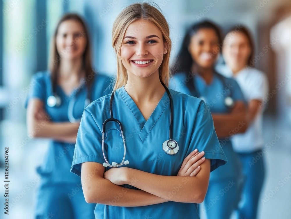 A young nursing student stands confidently with folded arms, smiling in front of her peers. All are in blue scrubs, evoking a sense of teamwork and dedication. A young nursing student stands confidently with folded arms, smiling in front of her peers. All are in blue scrubs, evoking a sense of teamwork and dedication.