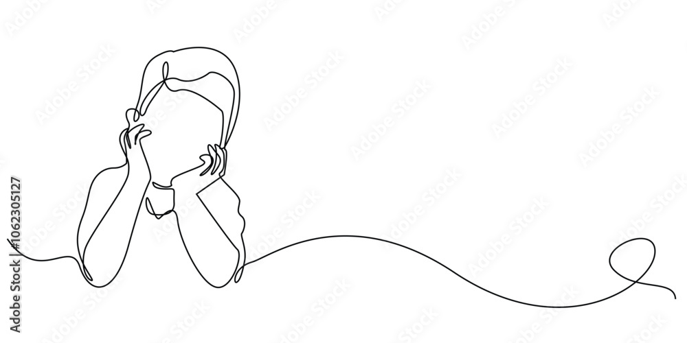 continuous line of pensive child.one line drawing of pensive boy putting hand on chin.unhealthy child.single line vector illustration.isolated on white background continuous line of pensive child.one line drawing of pensive boy putting hand on chin.unhealthy child.single line vector illustration.isolated on white background