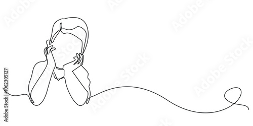 continuous line of pensive child.one line drawing of pensive boy putting hand on chin.unhealthy child.single line vector illustration.isolated on white background